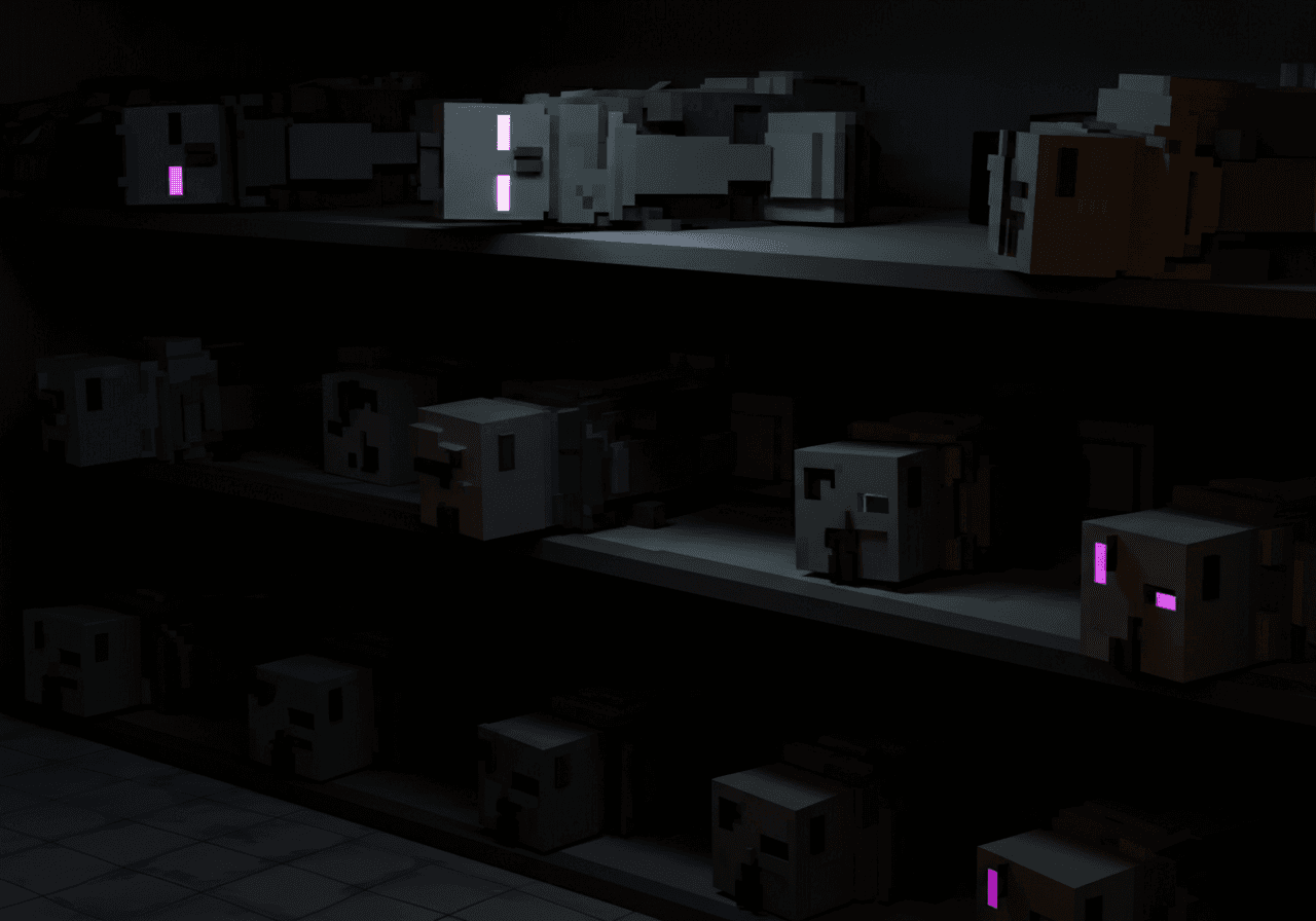Rows of powered-down voxel robot husks on a morgue shelf